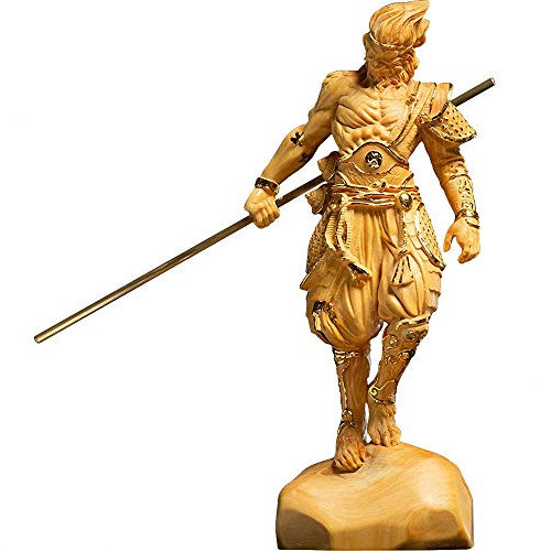 Estatua Tallada en Madera de boj Natural Myth Sun Wukong Monkey King (chapada en Oro)