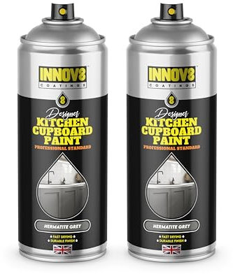 INNOV8 COATINGS DESIGNER KITCHEN CUPBOARD SPRAY PAINT - DIY - NO PRIMER OR TOP COAT - SATIN Finish – 1 x 400 ml - Hematite Grey - Fast Dry - CABINET, FURNITURE, WOOD, MDF, PLASTIC & METAL
