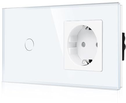 CNBINGO Interruttore della luce in vetro e presa Schuko da incasso – Touch con LED – Cornice in vetro – 1 scomparto bianco