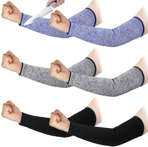 YanBous 3 pares de manguitos protectores - Manguitos resistentes al calor y a los cortes, protección para pieles delicadas y moretones, manguitos cómodos y duraderos (negro, gris, azul)