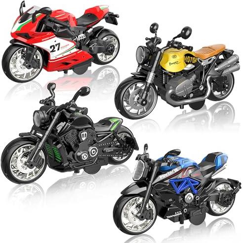 Alloy Metal Diecast Motorcycle Model Toy Set, 4 Pack of 1:12 Scale Die-Cast Motorcycles with Light&Sounds, Pull Back Function Toy Moto Bike for Kids Boys Girls and Collectors Ages 3 and up