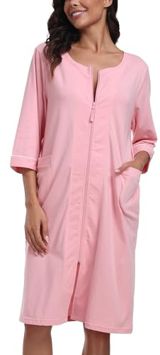 COLORFULLEAF 100% Cotton Zip Up Dressing Gowns Women Uk Ladies Bath Robe Lightweight 3/4 Sleeve Through Housecoats Knee Length House Coat Nightwear with Pockets(Pink,M)