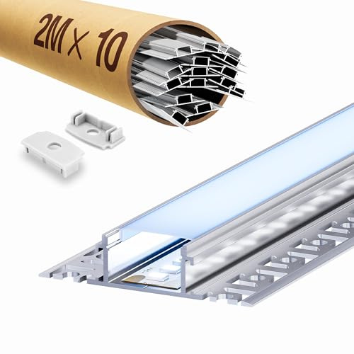 ClarivantiLED LED-profil för gipsskivor med diffusor, lämplig för LED-remsor upp till 20 mm, mått: 2 000 x 61,8 x 13,8 mm (inklusive monteringsvinge) (SP45, 10 x 2 m (totalt 20 m)
