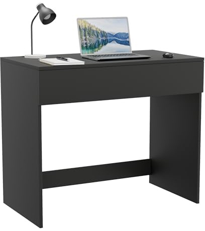 ComfortCove Skrivbord med Låda, Sminkbord, 90cm, Svart | Litet Hemmakontorsskrivbord för Laptop, Platsbesparande Arbetsyta för Studier, Arbete och Gaming