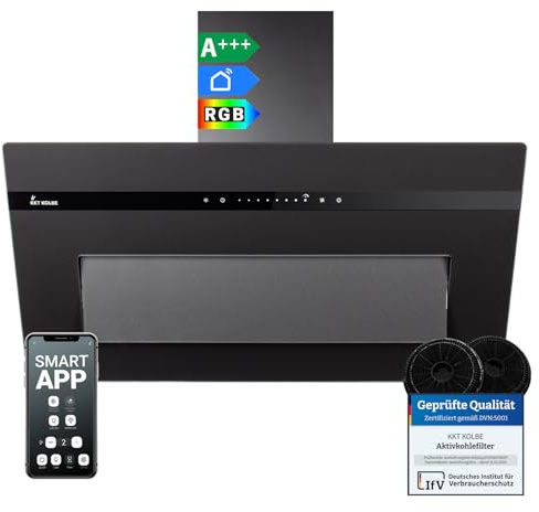 KKT KOLBE A+++ Dunstabzugshaube 90 cm 782 cbm/h Umluft Abluft Kopffrei Wandhaube | Glas Matt Schwarz | Nachlaufautomatik | Smart WiFi App WLAN | SensorTouch | RGBW LED-Beleuchtung | PLOOM9005S