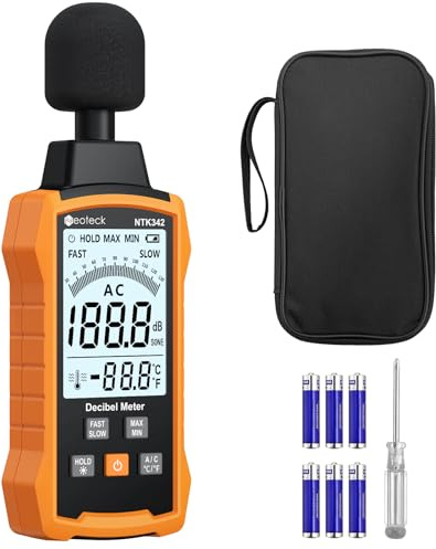 Neoteck Sonomètre Numérique Portable 30–130dB – Décibelmètre A/C Pondéré, Réponse Rapide et Lente, Écran LCD Rétroéclairé, Données MAX/MIN et Maintien, Professionnel pour Maison, Bureau, Usine