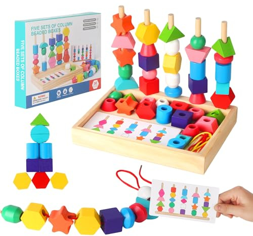 Giocattolo Montessori 3 in 1 in legno da infilare, gioco di ordinamento e impilamento, giocattolo educativo per lo sviluppo della motricità fine e della coordinazione per bambini dai 2 anni in su