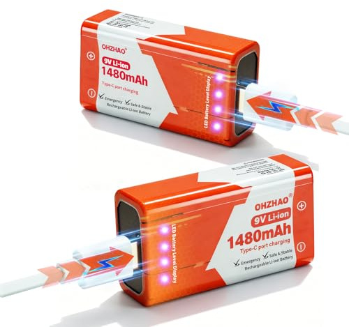 OHZHAO Lot de 2 Piles Rechargeables 9V, 1480 mAh. Pile 9 V Longue durée avec indicateur LED, Recharge USB-C Via câble fourni, pour détecteurs de fumée, multimètres, Microphones, talkies-Walkies