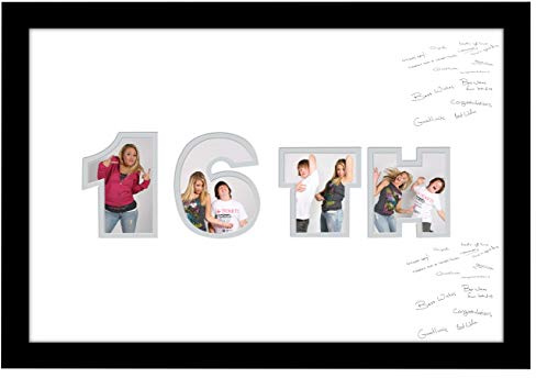 Photos in a Word 16th Birthday Signing Personalised Autograph Signature Guest Book Photo Frame To Sign (White Mount with Black Finish Frame)