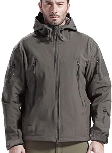 FREE SOLDIER Herren Winterjacke Military Softshell Jacken Outdoor Fleecefutter Winddichte Wasserdichte Jacke mit Kapuze Warme Taktische Jacken mit Mehreren Taschen für Jagdausflüge (Grau,L)