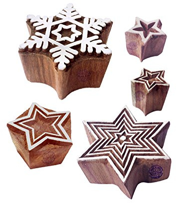 Artistic Pattern Star and Snowflake Wood Block Stamps (Set of 5) Htag1596