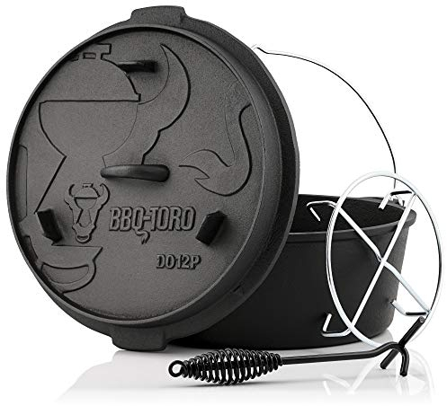 BBQ-Toro Horno Holandés Serie Premium | 13,6 Litros | Dutch Oven sin Patas | Ya Curado - Preseasoned | Olla de Hierro Fundido para Barbacoa | Cacerola de Hierro Fundido