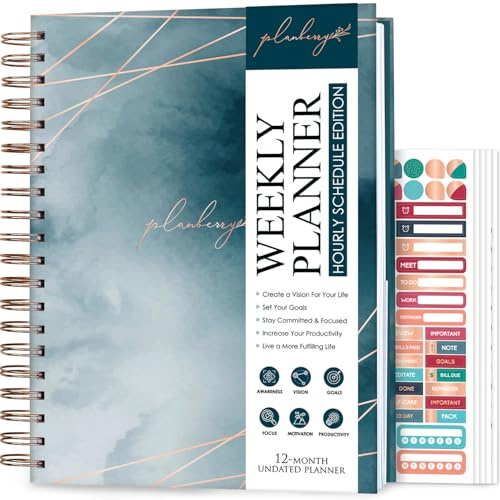 PLANBERRY Stor planeringskalender för timplanerare – odaterad organiserare för produktivitet, tidshantering och budget, 20 x 27 cm (havsdjup)