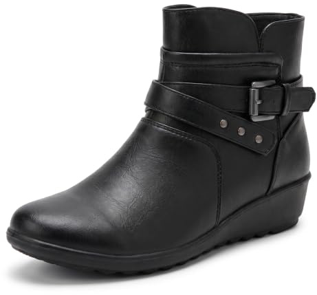 Cushion Walk EEE Wide Fitting Women's Black Low Wedge Ankle Boots with Zip Fastening & Buckle and Stud Detail - Non-Slip Sole (4 UK, Black)