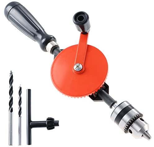 WiMas Handbohrmaschine Manueller Kurbelbohrer 3/8 Zoll (1.5mm-10mm) Doppelritzeln Handbohrer Spannfutter mit 2PCS Bohrer für Kunststoff Acryl Holz Leiterplatte Stanzen