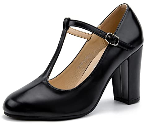 Women's Classic T-Strap Block Chunky Heel Mary Jane Pumps Wedding Dress Shoes, Matte Black, 4.5 UK