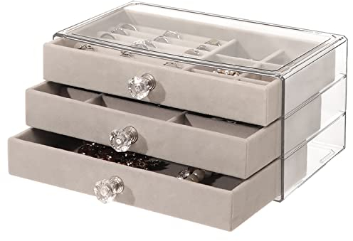 CHARMDI Acrylic Jewellery Box for Women with 3 Drawers, Girls Jewellery Storage with Dividers,Organiser box for Rings Bangle Bracelet Necklace and Earring Grey