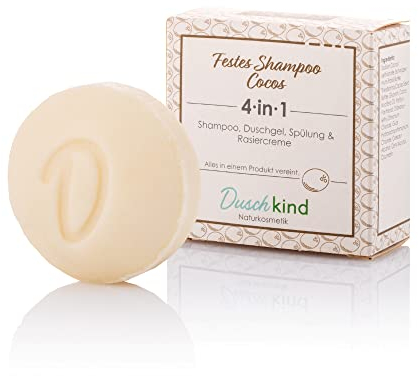 Duschkind Festes Shampoo Kokos 4-in-1 – 56 g – Shampoo/Duschgel/Conditioner/Rasiercreme – Kokosöl & natürlicher Kokosduft – Vegan, Plastikfrei, handgemacht in Deutschland