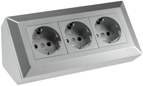 ChiliTec Bloc multiprise d'angle à 3 prises avec contact de protection – Montage et encastrement Multiprise pour cuisine, bureau, atelier, gris argenté