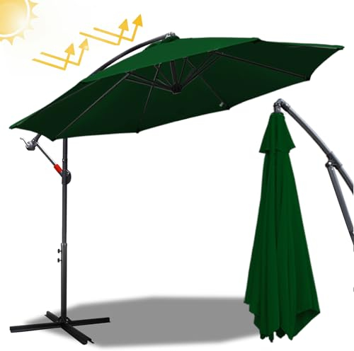 Fiqops Parasol 3M avec manivelle - En aluminium - Avec support - Protection UV, Parasol de marché étanche pour le jardin, Vert
