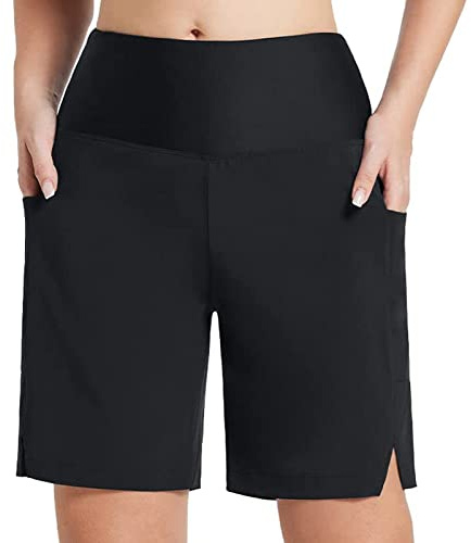 Short de Bain Femme Long Maillot Shorty Noir Bas Bikini Boxer Taille Haute avec Poches Shorts Plage à Séchage Rapide pour Yoga Natation Surf