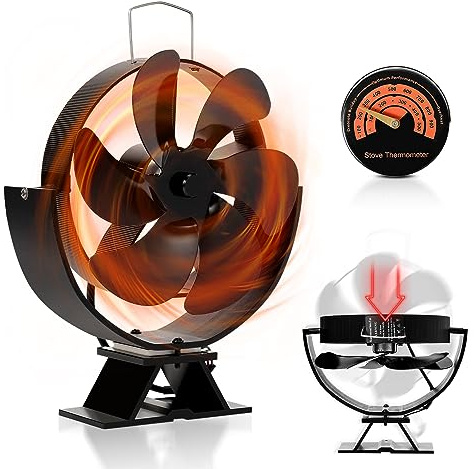 Herrselsam Ventilateur de cheminée à 6 pales multi-angle réglable sans électricité alimenté par la chaleur avec thermomètre magnétique (2 pièces)