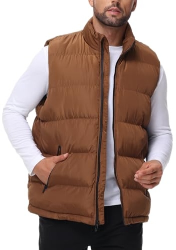 JIHUILAI Brown Puffer Vest for Winter Warm Mens Bubble Vests Water-Resistant Outdoor Puffy Vest with Zipper Pockets Men Sleeveless Zip Up Jacket M