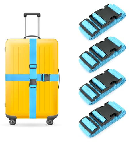 DAWRIS - Lot de 4 sangles de valise réglables avec étiquette d'adresse - Sangle de valise - Sangle de bagage - Bleu