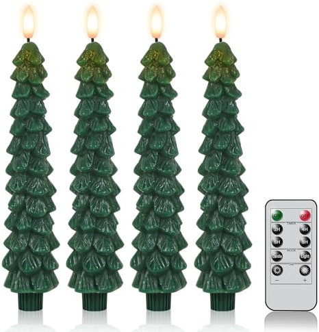 Eldnacele Candele per albero di Natale con telecomando e timer, 4 candele a LED di cera tremolante, alimentate a batteria con stoppino 3D, candele verdi per la decorazione del camino e della casa