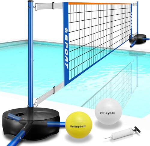 Furypiont Pool Volleyball Net - Portable Indoor/Outdoor Swimming Pool Volleyball Net System with 2 Water Volleyballs and Heavy Duty Base.Adjustable Length 15-25FT for Pickleball Net and Tennis Net
