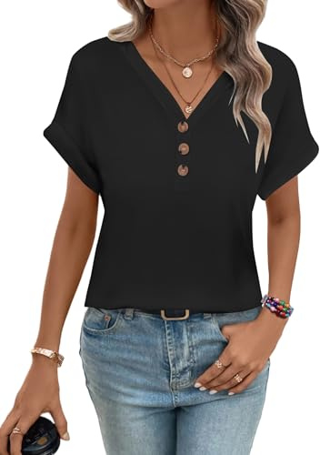 WNEEDU Camisetas Manga Corta Mujer 2025 Cuello a V Blusas Verano Túnica Casual Henley Tops T Shirt con Botones Negro L
