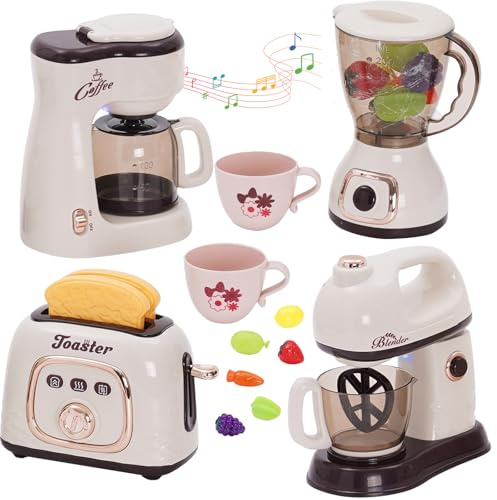 Kid Coffee Machine Toy Set Pretend Play Kitchen Appliances with Toaster,Mixer,Juicer,Coffee Machine Kid Coffee Maker Toy with Realistic Sounds,Lights and Music