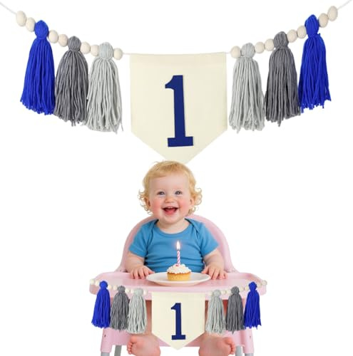 Handmade Boho 1st Birthday High Chair Banner Blue Tassel for Boys Cake Smash Backdrop Baby Shower Decor with Wood Beads Reusable Photo Prop Washable Nursery Wall Hanging