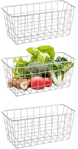 Bhina 3 Pièces Paniers de Rangement en Métal Paniers de Rangement en Fil Métallique avec Poignées Panier Filaire en Fer Creux pour Armoire de Cuisine, Garde-Manger, Placard, Chambre, 21x16x9 cm, Blanc