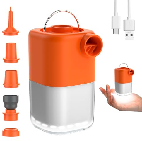 Tiny Air Pump, Portable Electric Air Pump, Mini Air Pump with 3 Brightness Levels & SOS Light Mode, Orange, Rechargeable, 4KPa Fast In/Deflating for Pool Floats/Air Bed/Vacuum Storage Bags