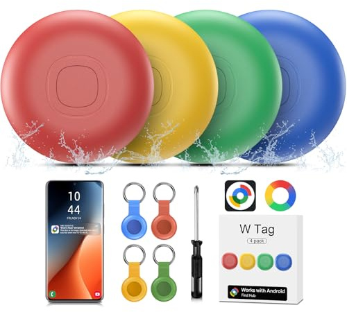 Air Tracker Android 4 Pack, IP67 Impermeabile Smart Tag Individuatore chiavi compatibile con Google Find Hub APP (Android Solo) Bluetooth Tag Key Finder per Bagaglio/Portafoglio/Valigia/Borse