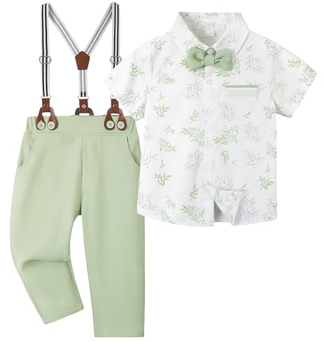 Volunboy Traje Formal para Bebé Niño, Camisa Manga Corta con Pantalón Tirantes y Pajarita, Conjunto Elegante Boda(Talla 80, Verde Claro, 12-18 Meses)