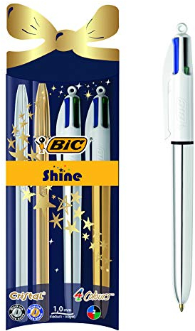BIC Cristal Xmas Shine y BIC 4 Colores Shine, Bolígrafo de Punta Media (1.0mm), Colores Surtidos, Paquete de 4 Unidades