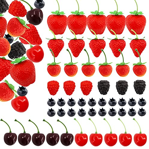 52 PCS Artificial Fake Fruit, Includes Fake Strawberries Fake Blueberries Fake Raspberries Fake Cherries, Reusable Waterproof Plastic Cake Dessert Party Home Kitchen Decoration, Photography Props