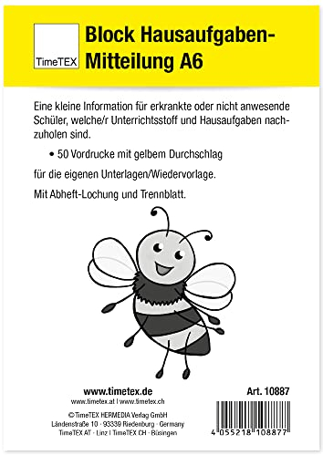TimeTEX Hausaufgaben-Mitteilung - 50 Vordrucke mit Durchschlag - A6-10887