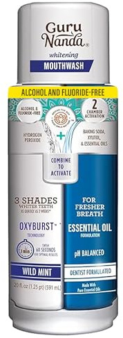 GuruNanda Teeth Whitening Dual Barrel Oxyburst Mouthwash - Alcohol & Fluoride Free, Hydrogen Peroxide to Promote Whiter Teeth - Wild Mint - 20 Fl Oz