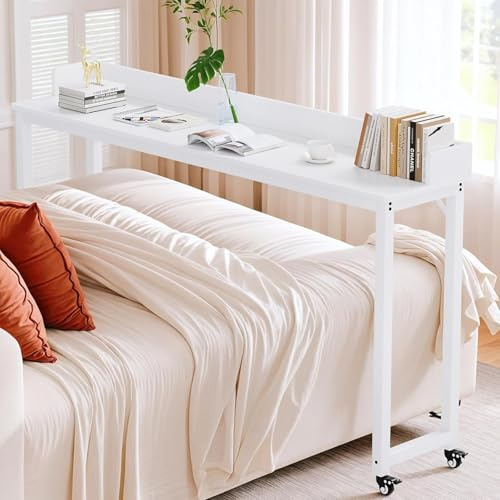 Clevich Overbed Table with 360° Wheels, Queen Size Mobile Bed Desk with Heavy Duty Metal Leg, Sturdy Laptop Cart & Dining Rolling Table for Bedroom, Living Room, Bar, Hospital Use, 180cm(White)