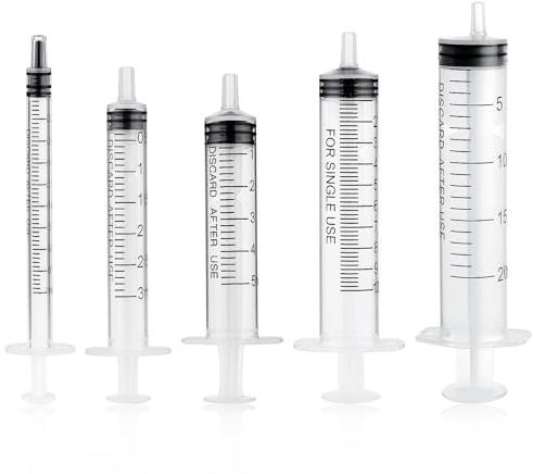 Amabro Sprutor i set om 5 stycken, 1/3/5/10/20 ml, återanvändbar spruta utan nål för vätskemått, spruta, foderspruta för laboratorium, djurfoder och växtbevattning