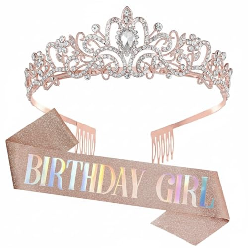 Geburtstagsgeschenk - Roségold-Krone & Schärpe Set – Geburtstagskrone-Accessoire für Mädchen & Erwachsene für Geburtstag, Party & Feier zu 16., 18., 21. & 30. Feier Happy Birthday Girl