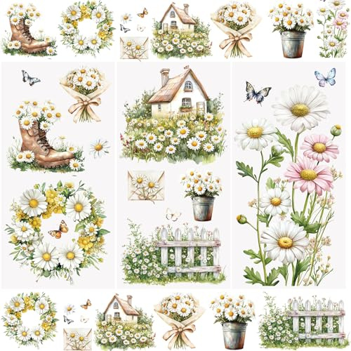 WANDIC 3Pcs Rub on Transfer Stickers Daisy Pattern Decals Flower Rub on Stickers Waterproof Decals for DIY Scrapbooking Photo Albums Furnitures