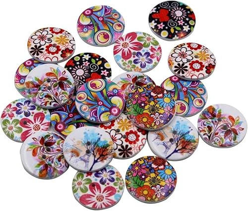 Decorative Floral Pattern Round Wooden Buttons, 1 Inch, 50 Pack, Mixed Colors, 2 Holes