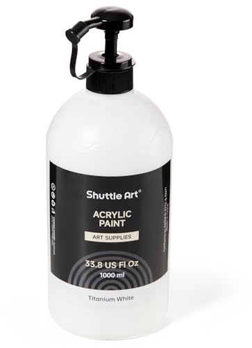 Shuttle Art White Acrylic Paint, 33.8oz/1000ml Large Capacity Pump Bottle with Cover, Fast Drying Non-Toxic, High Coverage Titanium White Acrylic Paint for Kids, Artists, Students & DIY Crafts