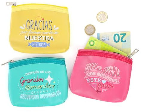 Pack del 12 a 42 uds Monederos con Frases Agradecimiento para Invitados | Polipiel con Cremallera | Regalo Comunión, Boda, Bautizo | 3 Modelos, No Personalizable | Regalantes (12, Color Surtido)