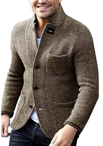 Cardigan à col châle pour homme en tweed à chevrons - Blazer de style britannique - Coupe régulière - Manches longues - Doux au toucher - Pull en tricot boutonné, kaki, 3XL