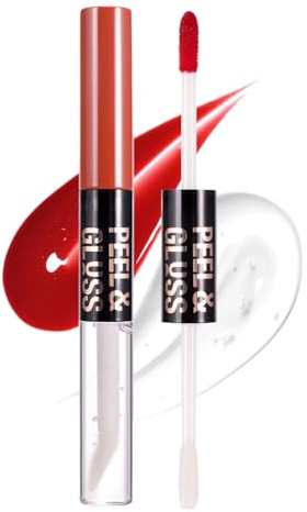 Dual-Ended Lip Stain Peel Off Lip Gloss Oil, 2-in-1 Lipgloss Highly Pigmented & Hydrating Oil Set with Long-Lasting Smudge-Resistant Color, Lip Tint Stain with Lip Oil-Matte to Glossy Finish(05)